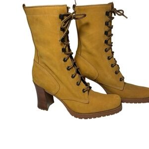 Nine West  Lace Up Leather Boots Stack Heeled Shoes Sz 9 Boho Fairy